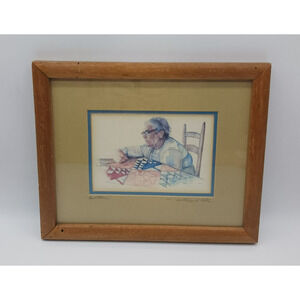 Mitchell D Tolle Aunt Florie Signed Framed Matted Art Print Old Woman Quilting